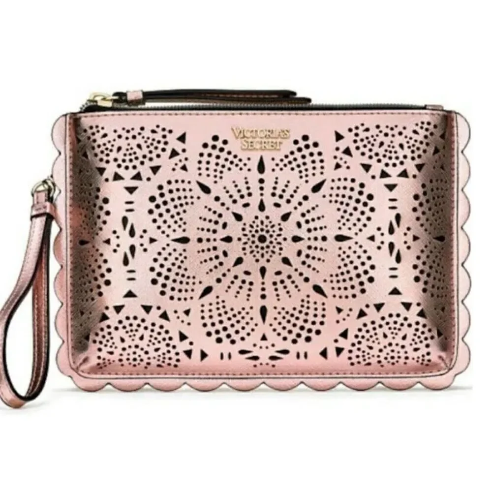NWT Victorias Secret Metallic Pink Rose Laser Cut Night Out Wristlet Pouch Bag